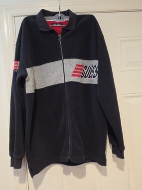 Vintage Guess Black Zip-Up Fleece Sweater with Gray Chest Stripe and Red Logo
